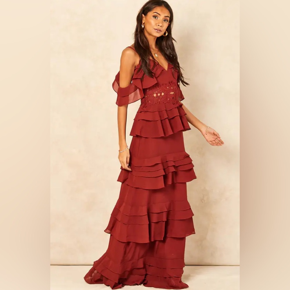 Burgundy Plunge Front Tiered Ruffle Maxi Dress